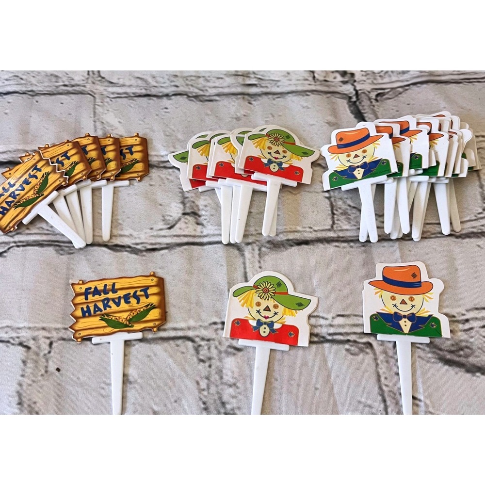 Vintage 2004 DecoPac Scarecrow Fall Harvest Cupcake Toppers Picks 25pc Set